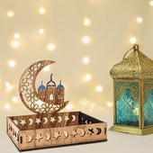 Drevená dekorácia Eid Mubarak Ramadánsky podnos na jedlo, dezert, servírovacie taniere, mesiac, hviezda, islam, moslimské potreby, EID AI Adha, párty dekorácia