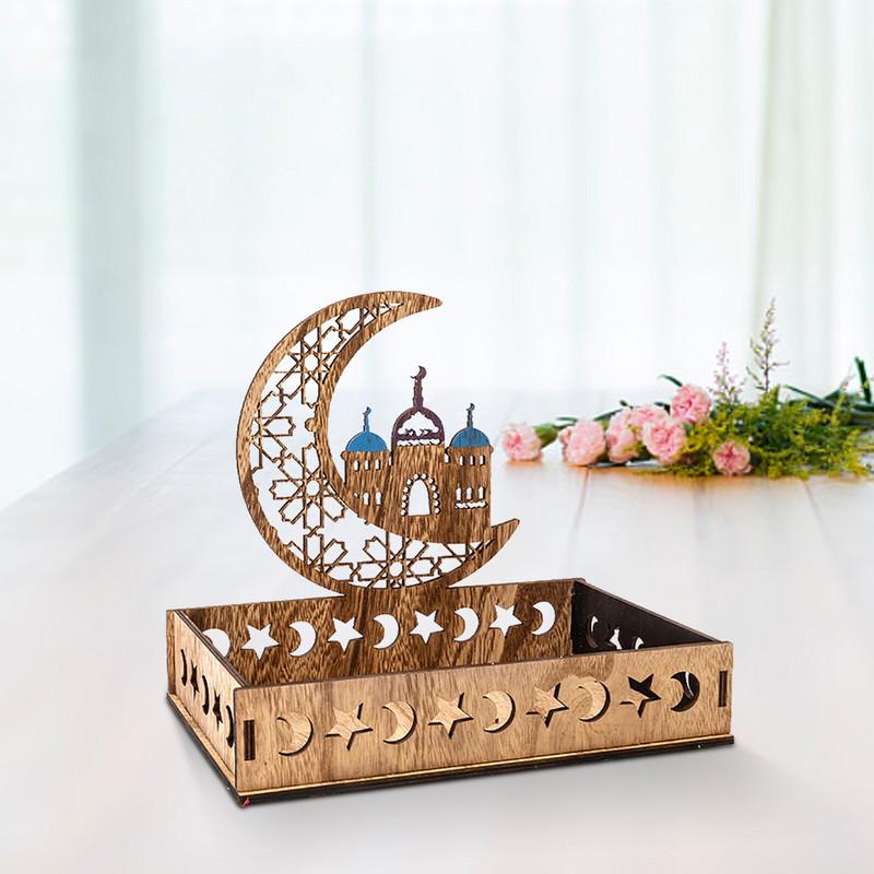 Drevená dekorácia Eid Mubarak Ramadánsky podnos na jedlo, dezert, servírovacie taniere, mesiac, hviezda, islam, moslimské potreby, EID AI Adha, párty dekorácia