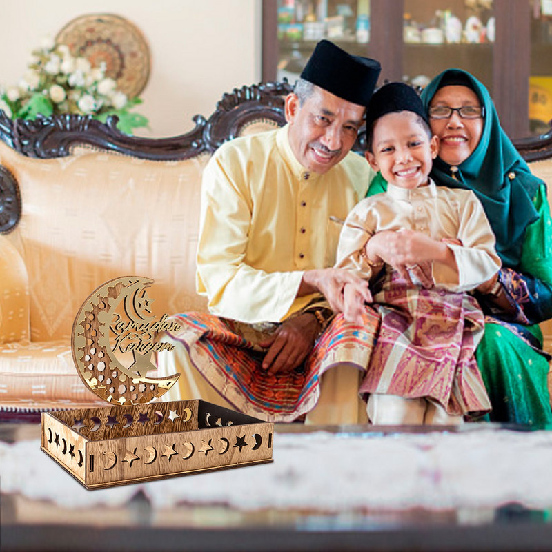 Drevená dekorácia Eid Mubarak Ramadánsky podnos na jedlo, dezert, servírovacie taniere, mesiac, hviezda, islam, moslimské potreby, EID AI Adha, párty dekorácia