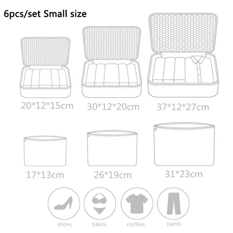 Комплект от 6 части Органайзер за пътуване Чанти за съхранение Куфар Опаковъчен комплект Калъфи за съхранение Преносим органайзер за багаж Дрехи Подредена торбичка
