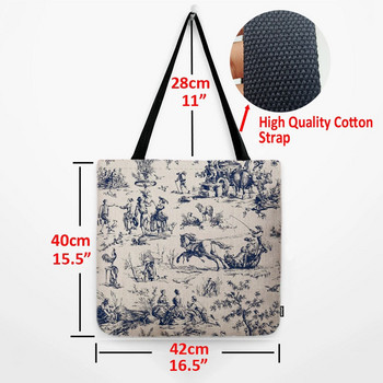 Черно-бяла френска Toile De Jouy Pattern Pattern Royal Court Pattern Water Resistant Fashion Shopper Linen Shopping Bag Tote Bag