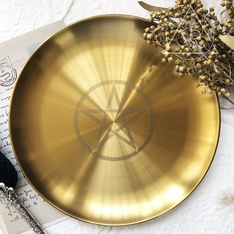 Astrologický svietnik s hviezdnou potlačou, oltárny tanier, dlaždica, veštenie, okrúhly kovový úložný tanier, držiak na sviečky, rituálny tácok Wiccan