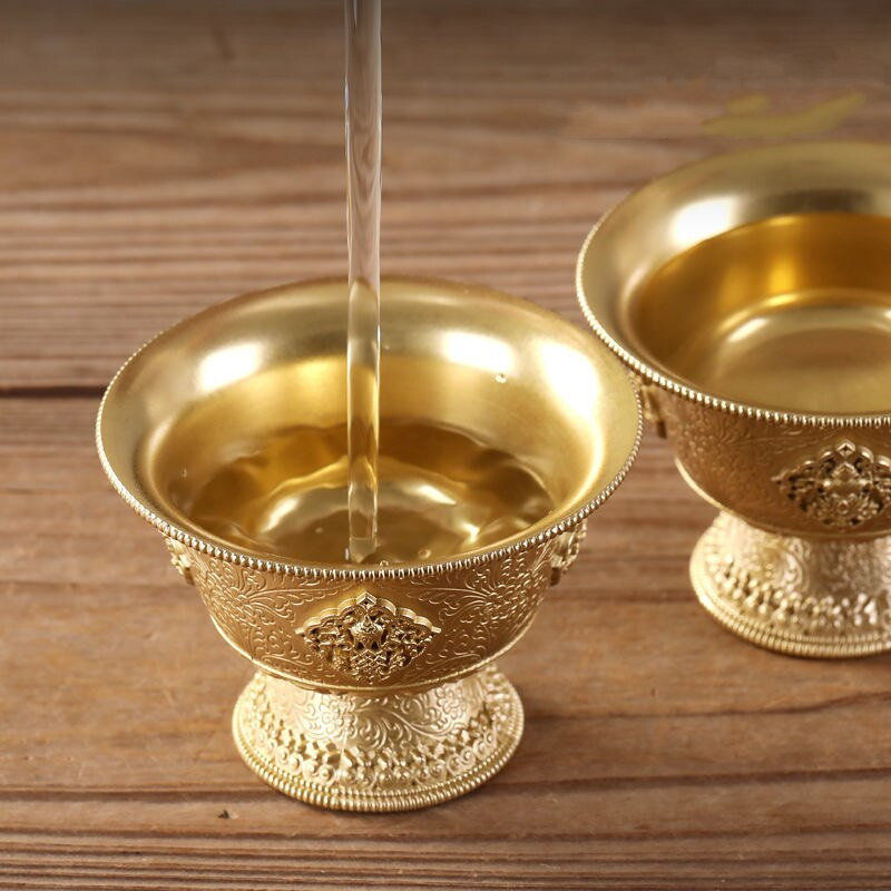 Sárgaréz metszet buddhizmus mini szenteltvíz csésze kézműves szerencsés tibeti 7,5 cm Buddha tál beltéri oltárok asztali dekoratív