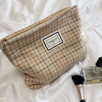 Вълнена карирана козметична чанта Хит цвят Козметична чанта с голям капацитет Дамска модна платнена чанта с довършителни работи за съхранение