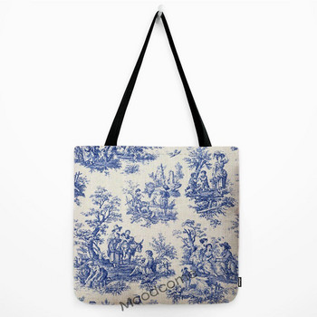 Традиционен френски мотив Toile De Jouy тъмносиня модна пазарска чанта, водоустойчива ленена голяма пазарска чанта през рамо