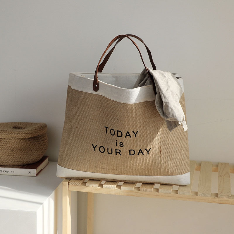 Japán stílusú piszkos ruhatároló táska Juta tárolótáska különféle játékokhoz Szervező Hordozható bevásárlótáska PU fogantyúval