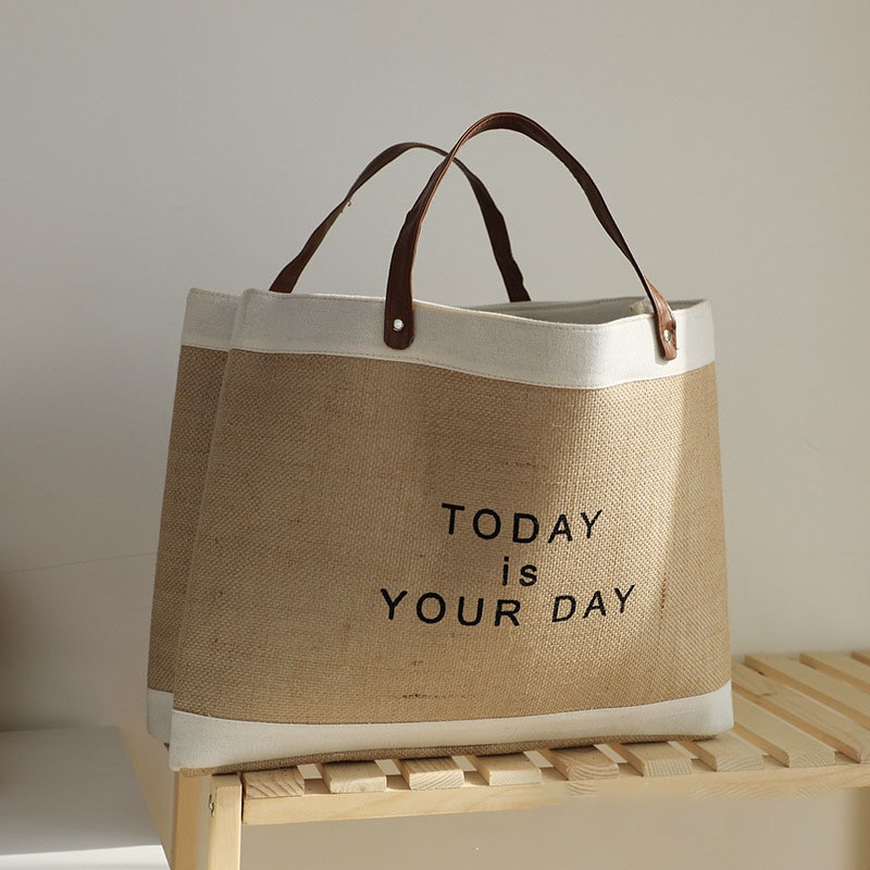 Japán stílusú piszkos ruhatároló táska Juta tárolótáska különféle játékokhoz Szervező Hordozható bevásárlótáska PU fogantyúval