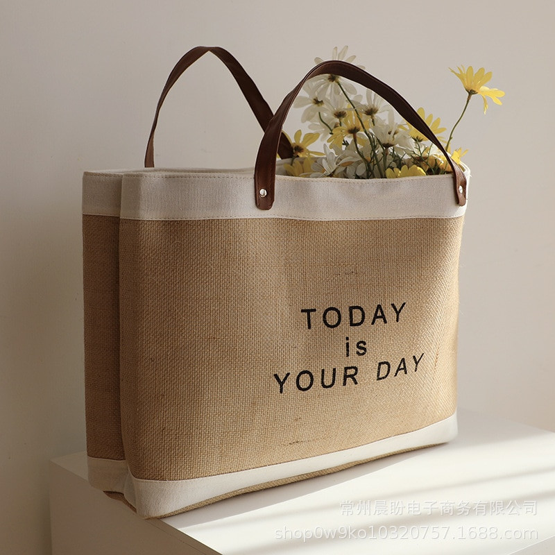 Japán stílusú piszkos ruhatároló táska Juta tárolótáska különféle játékokhoz Szervező Hordozható bevásárlótáska PU fogantyúval