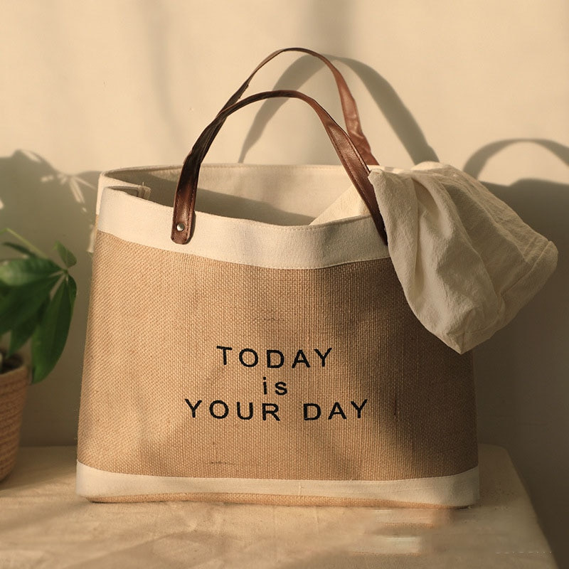 Japán stílusú piszkos ruhatároló táska Juta tárolótáska különféle játékokhoz Szervező Hordozható bevásárlótáska PU fogantyúval