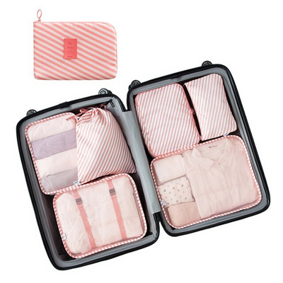 7 részes készlet Utazásszervező Tárolótáskák Bőrönd Csomagoló Kocka Hordozható Csomagruhák Fehérnemű Cipő Rendezett Tasak Tárolótok