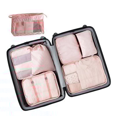 7 részes készlet Utazásszervező Tárolótáskák Bőrönd Csomagoló Kocka Hordozható Csomagruhák Fehérnemű Cipő Rendezett Tasak Tárolótok