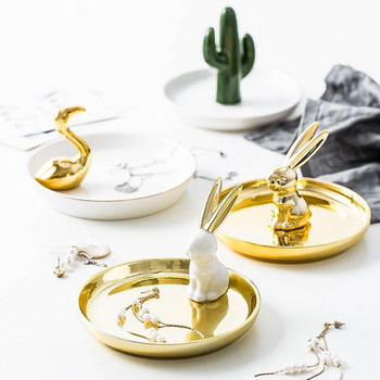 INS Творческа чиния за бижута Поставка за ключове за декорация на дома Златен ключ със заек Тава за съхранение Десертна чиния Празничен подарък на едро