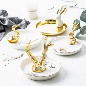 INS Творческа чиния за бижута Поставка за ключове за декорация на дома Златен ключ със заек Тава за съхранение Десертна чиния Празничен подарък на едро