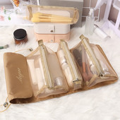 Cestovná kozmetická taška 4 v 1, organizér na make-up, taška na toaletné potreby, nylonová, so sťahovacou šnúrkou, oddeliteľná, sieťovaná, so zipsom, skladacia, lepiteľná