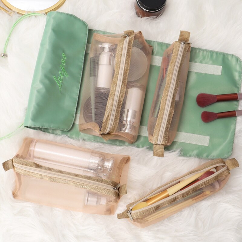 Cestovná kozmetická taška 4 v 1, organizér na make-up, taška na toaletné potreby, nylonová, so sťahovacou šnúrkou, oddeliteľná, sieťovaná, so zipsom, skladacia, lepiteľná