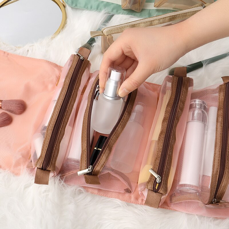 Cestovná kozmetická taška 4 v 1, organizér na make-up, taška na toaletné potreby, nylonová, so sťahovacou šnúrkou, oddeliteľná, sieťovaná, so zipsom, skladacia, lepiteľná