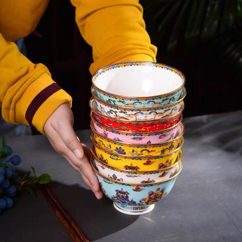 1 x 5-palcová miska na polievku z čínskeho porcelánu Jingdezhen Famille Rose so zlatým okrajom, miska s priaznivým dizajnom