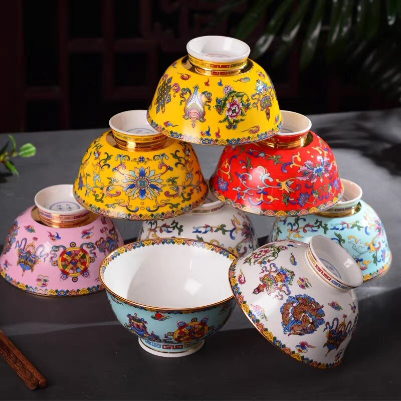 1 x 5-palcová miska na polievku z čínskeho porcelánu Jingdezhen Famille Rose so zlatým okrajom, miska s priaznivým dizajnom