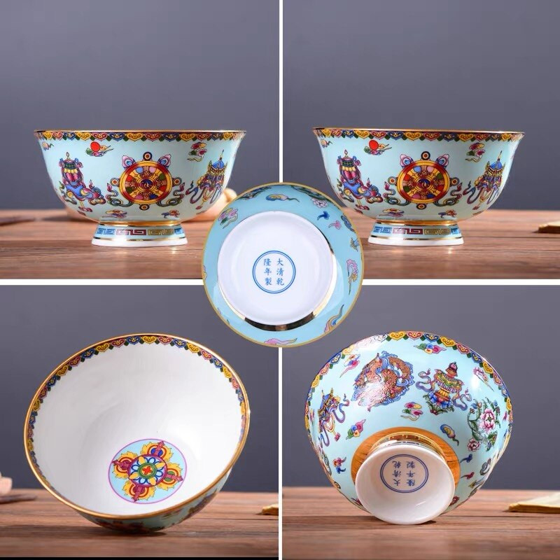 1 x 5-palcová miska na polievku z čínskeho porcelánu Jingdezhen Famille Rose so zlatým okrajom, miska s priaznivým dizajnom
