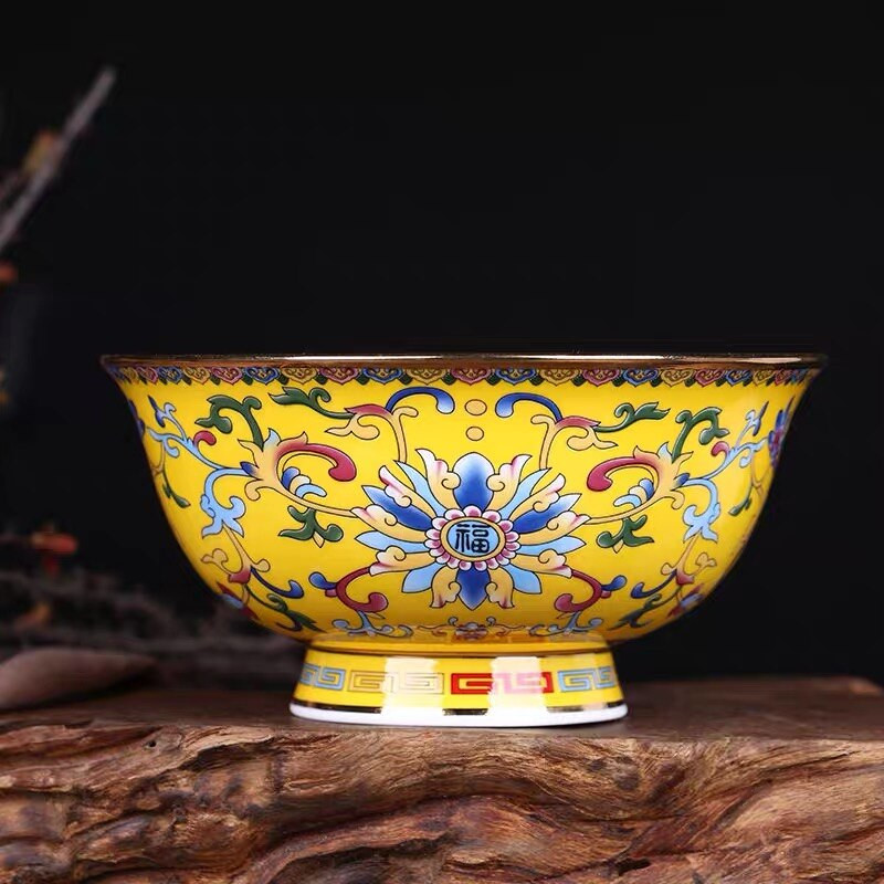 1 x 5-palcová miska na polievku z čínskeho porcelánu Jingdezhen Famille Rose so zlatým okrajom, miska s priaznivým dizajnom