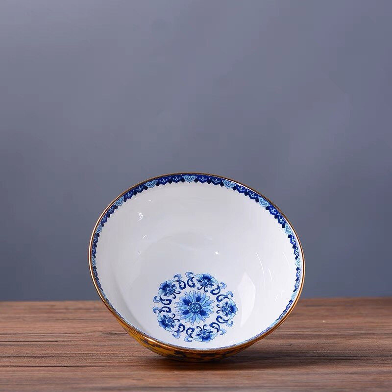 1 x 5-palcová miska na polievku z čínskeho porcelánu Jingdezhen Famille Rose so zlatým okrajom, miska s priaznivým dizajnom