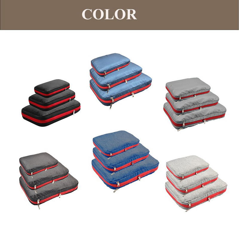 Set 3 bucăți cuburi de ambalare cu compresie de călătorie din nailon Husă portabilă cu două straturi Genți de depozitare impermeabile pentru haine, pantofi, valize