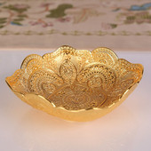 Okrúhla reliéfna kovová misa 12,5 cm, zlatý turecký cukrík, ovocný košík, luxusná dekoratívna doska, stredový prvok, dekorácia stola, zliatina zinku