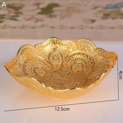 Okrúhla reliéfna kovová misa 12,5 cm, zlatý turecký cukrík, ovocný košík, luxusná dekoratívna doska, stredový prvok, dekorácia stola, zliatina zinku