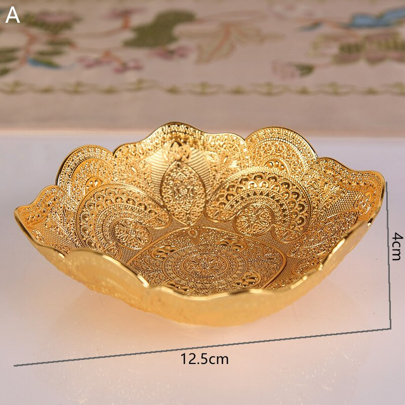 Okrúhla reliéfna kovová misa 12,5 cm, zlatý turecký cukrík, ovocný košík, luxusná dekoratívna doska, stredový prvok, dekorácia stola, zliatina zinku