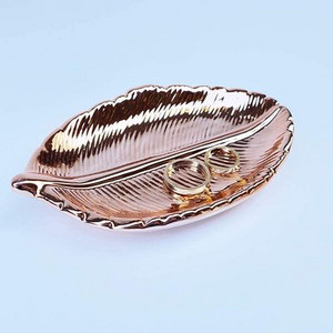 Farfurie cu frunze din ceramică de aur Bijuterii din frunze de copac Gustări Desert Tavă de depozitare din argint Bijuterii din ceramică din aur roz Bijuterii farfurie emailate