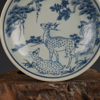 Jingdezhen Qing Dynasty Guangxu Blue and White Deer Dragon Plate Антични стари стоки Колекционерска керамична чиния