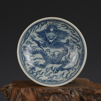 Jingdezhen Qing Dynasty Guangxu Blue and White Deer Dragon Plate Антични стари стоки Колекционерска керамична чиния