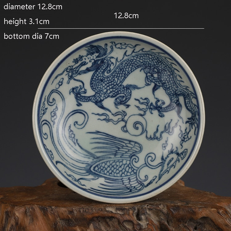 Jingdezhen, dynastia Čching, Guangxu, modrý a biely tanier s jeleňom a drakom, starožitný zberateľský keramický tanier