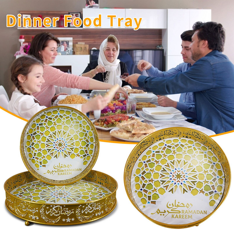 Zlatý servírovací podnos na dezert, sušienky, občerstvenie Eid Mubarak Ramadán, remeselná dekorácia, tanier, maľovaný podnos, slávnostná forma na tortu Eid