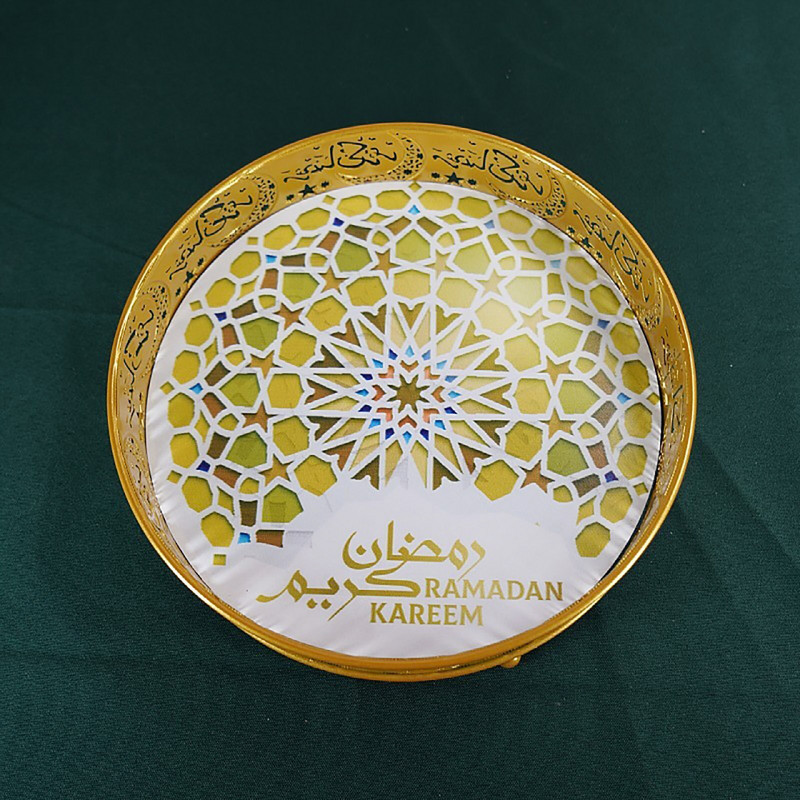 Zlatý servírovací podnos na dezert, sušienky, občerstvenie Eid Mubarak Ramadán, remeselná dekorácia, tanier, maľovaný podnos, slávnostná forma na tortu Eid