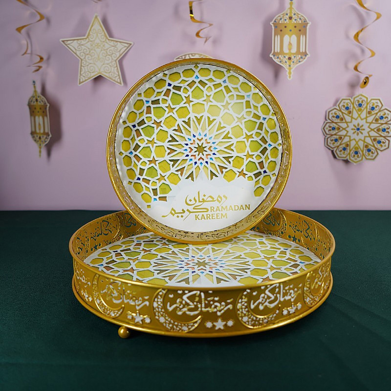 Zlatý servírovací podnos na dezert, sušienky, občerstvenie Eid Mubarak Ramadán, remeselná dekorácia, tanier, maľovaný podnos, slávnostná forma na tortu Eid