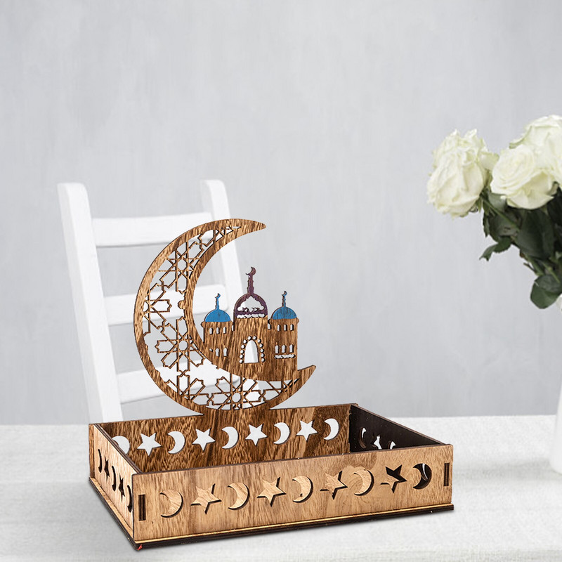 Dezertný podnos Eid Mubarak Drevené servírovacie podnosy na ramadán Držiak na pečivo Stolový polmesiac Dekoračná ozdoba pre islam