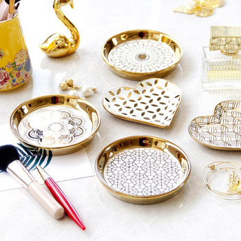 Златна керамика Тава за съхранение на козметични бижута Настолни аксесоари Съхранение Тоалетка Ресторант Торта Кафе Декоративна чиния