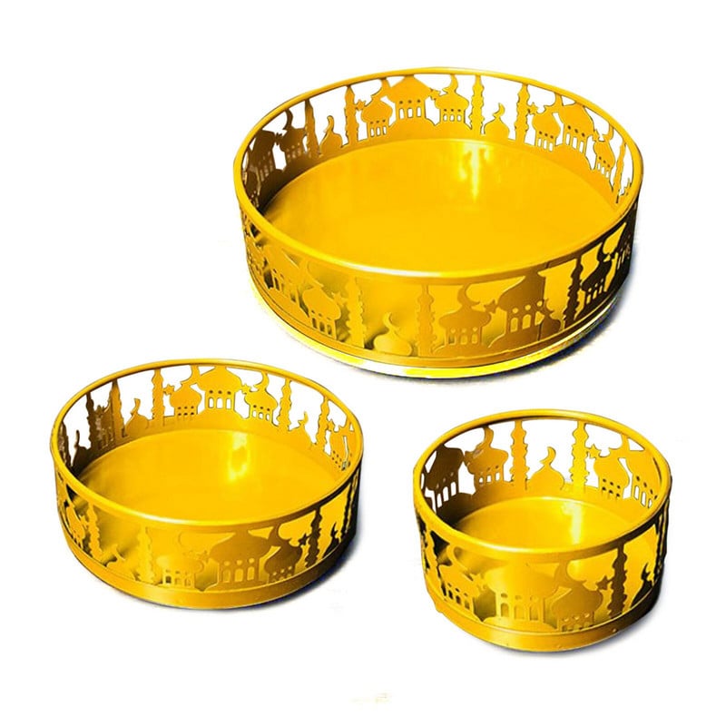 3 db kerek ételtálaló vas Eid vacsora tányér étkészlet Kareem Ramadan EID Mubarak iszlám party dekoráció