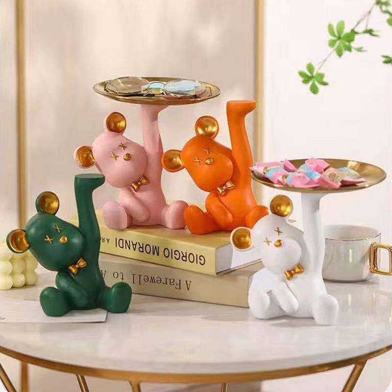 Figurină de urs pentru intrare, ornament de urs drăguț, păpușă, rășină, suport de depozitare pentru chei, suport de depozitare bijuterii, tavă de gustări cu fructe, intrare de acasă