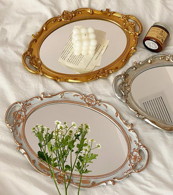 Европейска декоративна чиния Тава за съхранение Овална чиния Дисплей за бижута Ротационно декоративно огледало за грим Огледало за декорация на бонбони