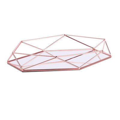 Trojrozmerný kovaný železný úložný podnos, severský minimalistický, ružovo-zlatý, zrkadlový, dno so šesťuholníkovým efektom, bytová dekorácia