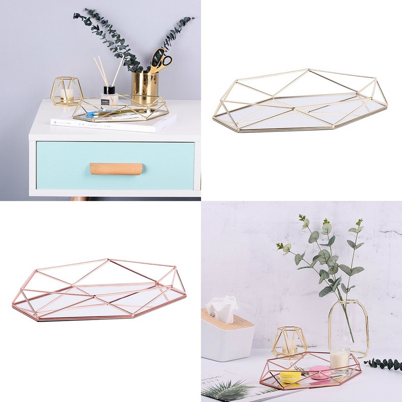 Trojrozmerný kovaný železný úložný podnos, severský minimalistický, ružovo-zlatý, zrkadlový, dno so šesťuholníkovým efektom, bytová dekorácia