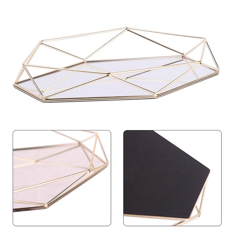 Trojrozmerný kovaný železný úložný podnos, severský minimalistický, ružovo-zlatý, zrkadlový, dno so šesťuholníkovým efektom, bytová dekorácia