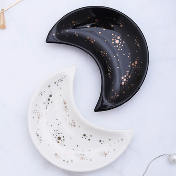 Керамика с форма на луна Малка чиния за бижута Обеци Колие Пръстен Чинии за съхранение Дисплей Декорация Тава