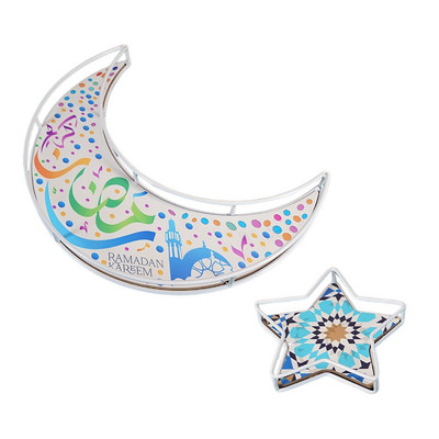 Drevený tanier s motívom mesiaca a hviezdy, Eid Mubarak, Ramadán, dekorácia pre domácu islamskú moslimskú párty dekoráciu, Ramadán Kareem, tácka na jedlo, Eid Al Adha