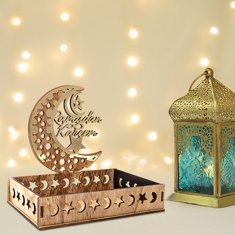 Dezertný podnos Eid Mubarak Drevené servírovacie podnosy na ramadán Držiak na pečivo Stolový polmesiac Dekoračná ozdoba pre islam
