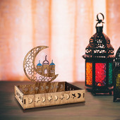 Drevená dekorácia Eid Mubarak Ramadánsky podnos na jedlo, dezert, servírovacie taniere, mesiac, hviezda, islam, moslimské potreby, EID AI Adha, párty dekorácia