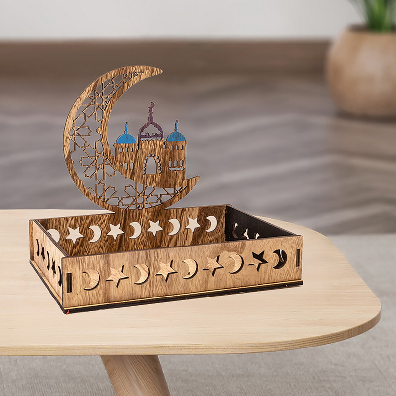 Dezertný podnos Eid Mubarak Drevené servírovacie podnosy na ramadán Držiak na pečivo Stolový polmesiac Dekoračná ozdoba pre islam