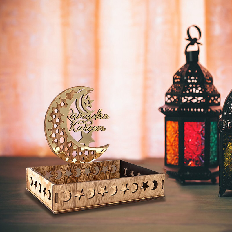 Dezertný podnos Eid Mubarak Drevené servírovacie podnosy na ramadán Držiak na pečivo Stolový polmesiac Dekoračná ozdoba pre islam